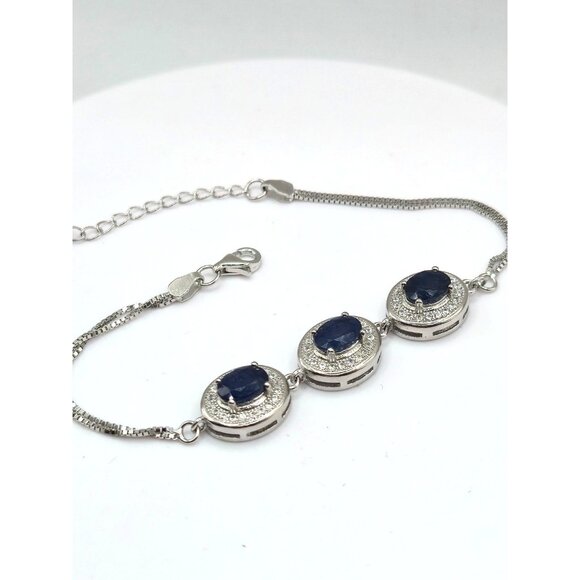 Sterling Silver 925 Blue & White Sapphire Tennis Bracelet Adjustable - Picture 2 of 8